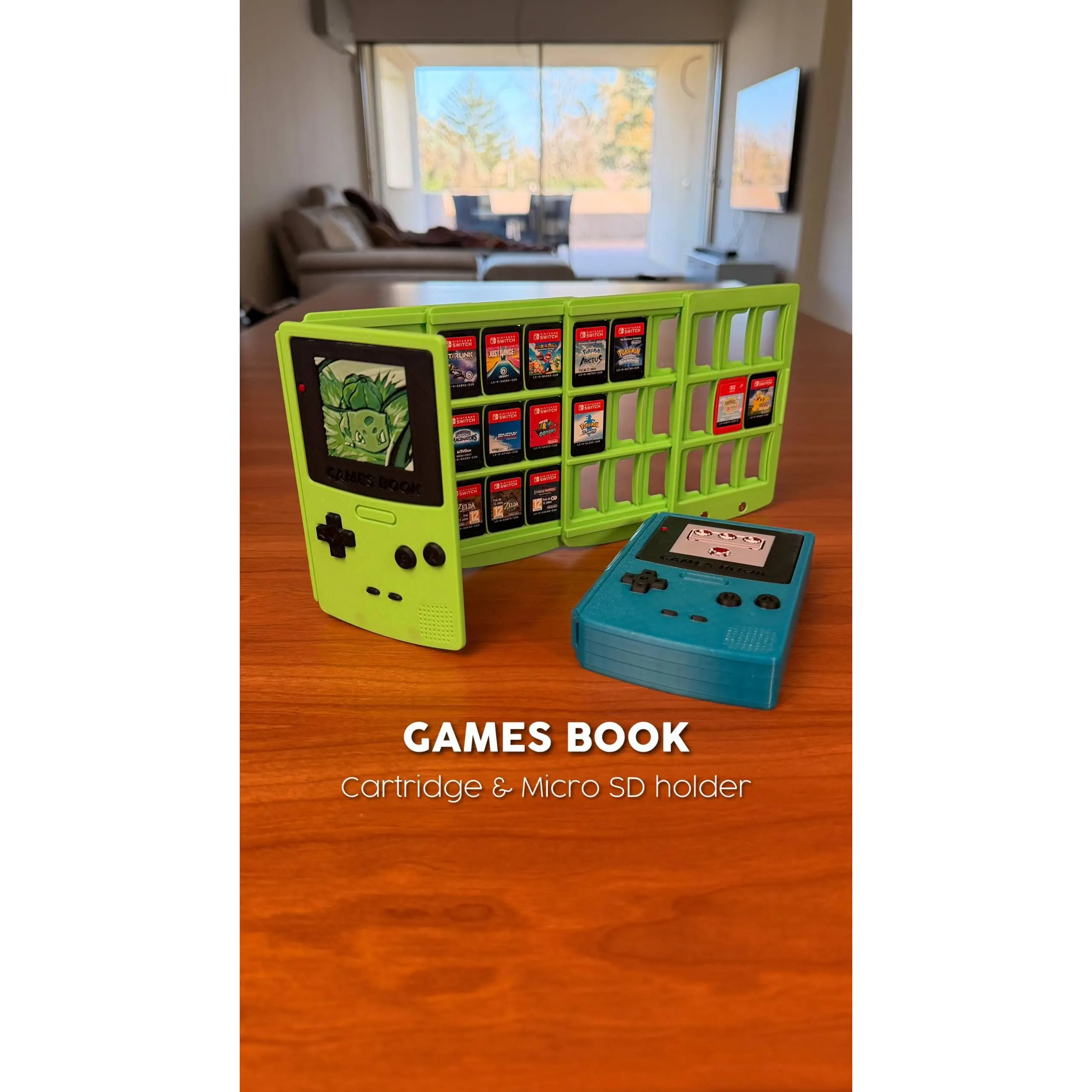 3D Printed Gameboy-Inspired Digital Games Book with Screen, Electronic Gift Set for Switch/DS-3DS, 27-Cart Holder, Micro SD Card Holder, Swappable Photos, Device Protection, High-Capacity Gaming Console Accessory