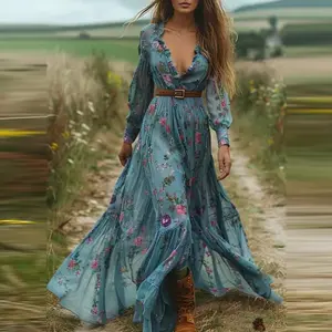 Vintage Floral Print Deep V Fashion High Waist Party Maxi Dress Autumn Women's Ethnic Lady Chic Bohemian Dresses  New Summer Casual Womenswear Comfort Fitted Boho Long Sleeve Formal 01Dark Brown No Belt