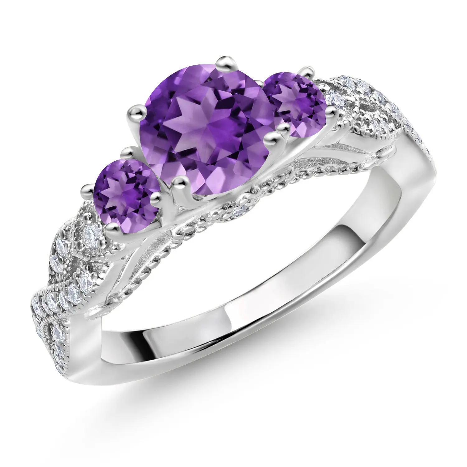 1.47 Cttw Purple Amethyst and White Moissanite Engagement Ring For Women | 925 Sterling Silver | Gemstone February Birthstone | Round 6MM and 3MM