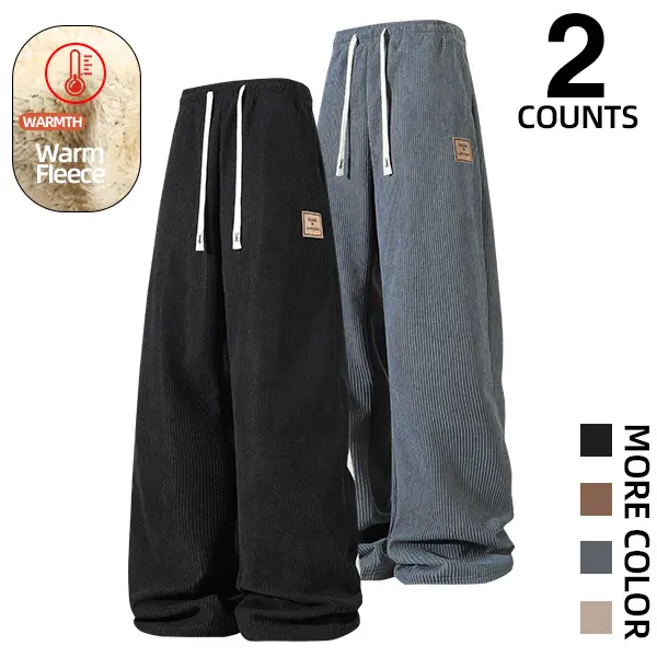 European and American men’s fleece-lined corduroy pants with an elastic drawstring waist, a fluid floor-length hem, Arctic fleece for warmth; loose, versatile wide-leg long pants, available in multiple colors, unisex.