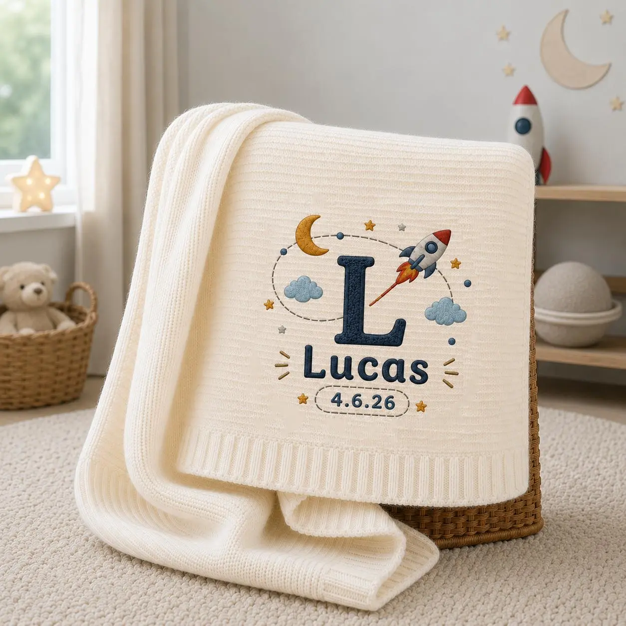 [Made-to-Order] Personalized Galaxy Embroidered Baby Blanket, Custom Space Knit Blanket with Initial & Birth Date, Rocket Moon Planet Nursery Gift, Newborn Keepsake