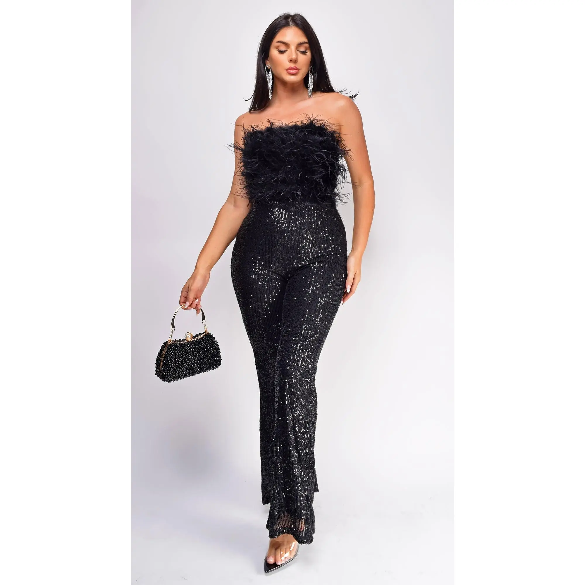Willa Black Feather Sequin Jumpsuit