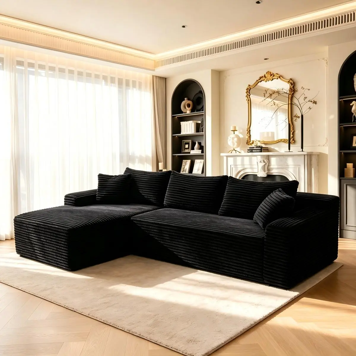 94.5" Corduroy Sectional Couch - L-Shape Reversible Chaise Deep Seat Corner Sofa, Modern Minimalist No-Assembly Apartment Furniture, Couch for Living Room & Living Room Decor, Black