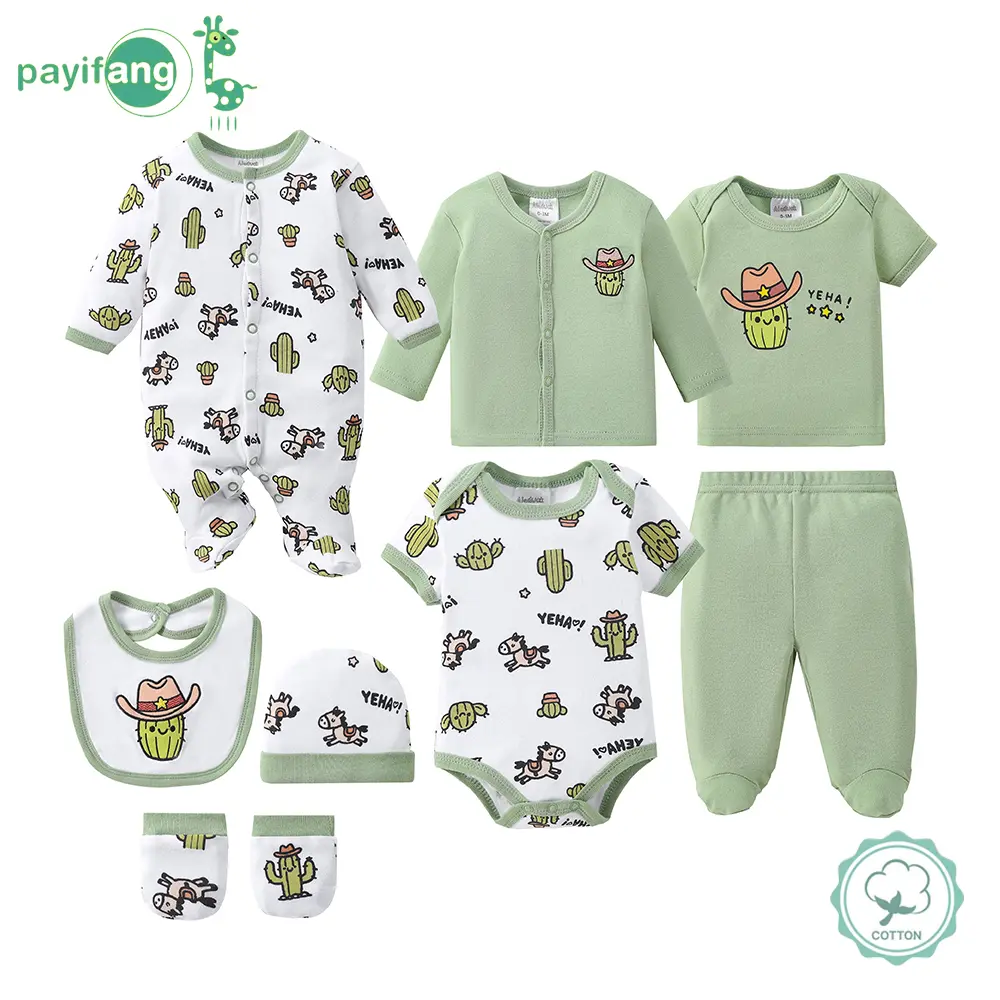 A set of 8 items for hospital newborn supplies, suitable for both male and female babies. It includes baby rompers, bibs, T-shirts, hats, gloves, coats and pants. The set is presented in a combined form.