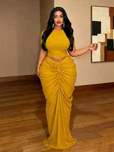 Plus Size Two-Piece Women's Set, Ribbed Short Top & Drawstring Pleated Skirt, Sexy Slim Fit Evening Party Dress, Curvy Friendly Fashion
