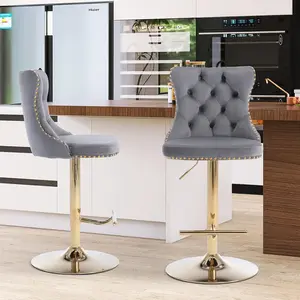 Velvet Bar Stool Set of 2, Adjustable Swivel Bar Stools with Gold Plated Metal Leg, Button Tufted, Footrest, Chrome Nailhead,Counter Height Chair for Kitchen, Bar, Dining Room