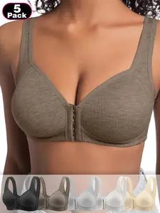 5-Pack Women's Wire-Free Front Closure Buckle Adjustable Bras, Comfortable Soft Skin-Friendly Fabric, Medium Support Elegant Bralette for Everyday Daily and Outing Wear, Fit