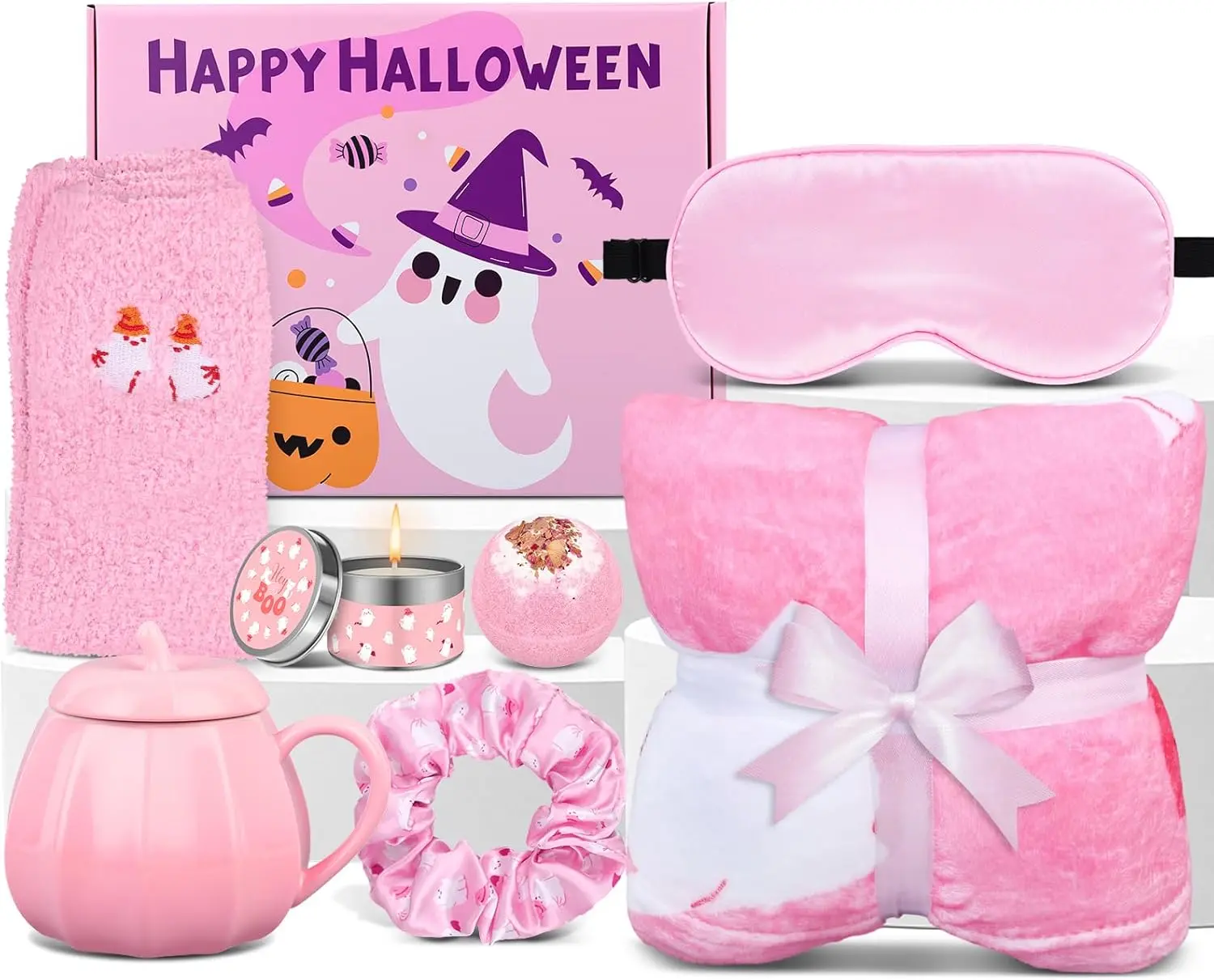Halloween Gifts for Women, Boo Basket Gifts Stuffers for Women Girls, Pumpkin Mug with Cute Boo Throw Blanket Pink Halloween Spooky Basket Stuffers