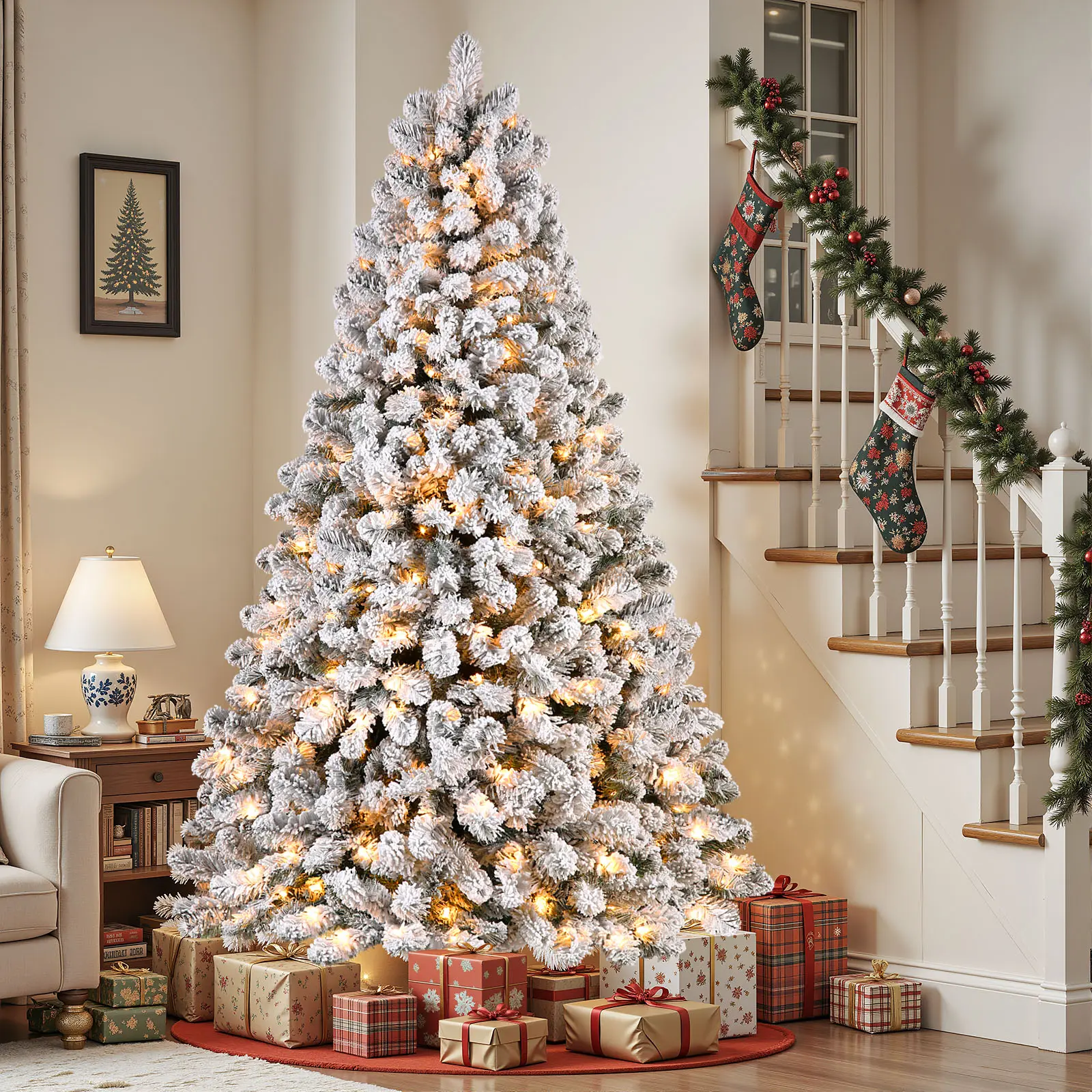 SHareconn 2025 4/5/6/7.5/9FT Pre-lit Warm Lights Snow Flocked Artificial Christmas Tree with Dense Branches, Deluxe Design, Ideal Holiday Decoration