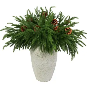 SUNNYGLADE 12-Piece Minimalist Decorative Faux Greens Set, 18in Artificial Norfolk Pine Branches with 8 Pine Cones, Low-Maintenance Plastic Ornaments, Indoor-Outdoor Home & Front Porch Fruit-Inspired Decor Accessory