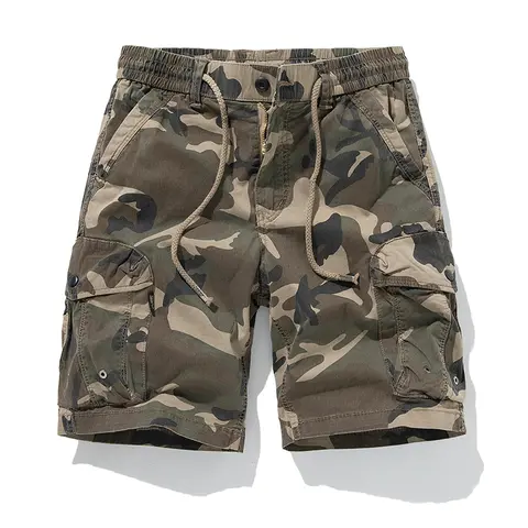 Men's Camouflage Cotton Blend Shorts - Retro Military-Style Menswear, Pocket-Packed, Mid Waist with Elastic Band & Adjustable Drawstring, Straight-Cut, Breathable Athletic Casual Shorts for Outdoor Stylish Summer Wear