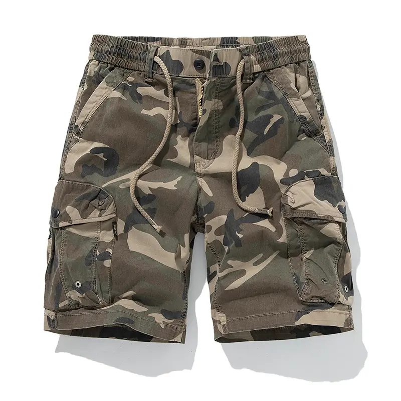 Men's Camouflage Cotton Blend Shorts - Retro Military-Style Menswear, Pocket-Packed, Mid Waist with Elastic Band & Adjustable Drawstring, Straight-Cut, Breathable Athletic Casual Shorts for Outdoor Stylish Summer Wear