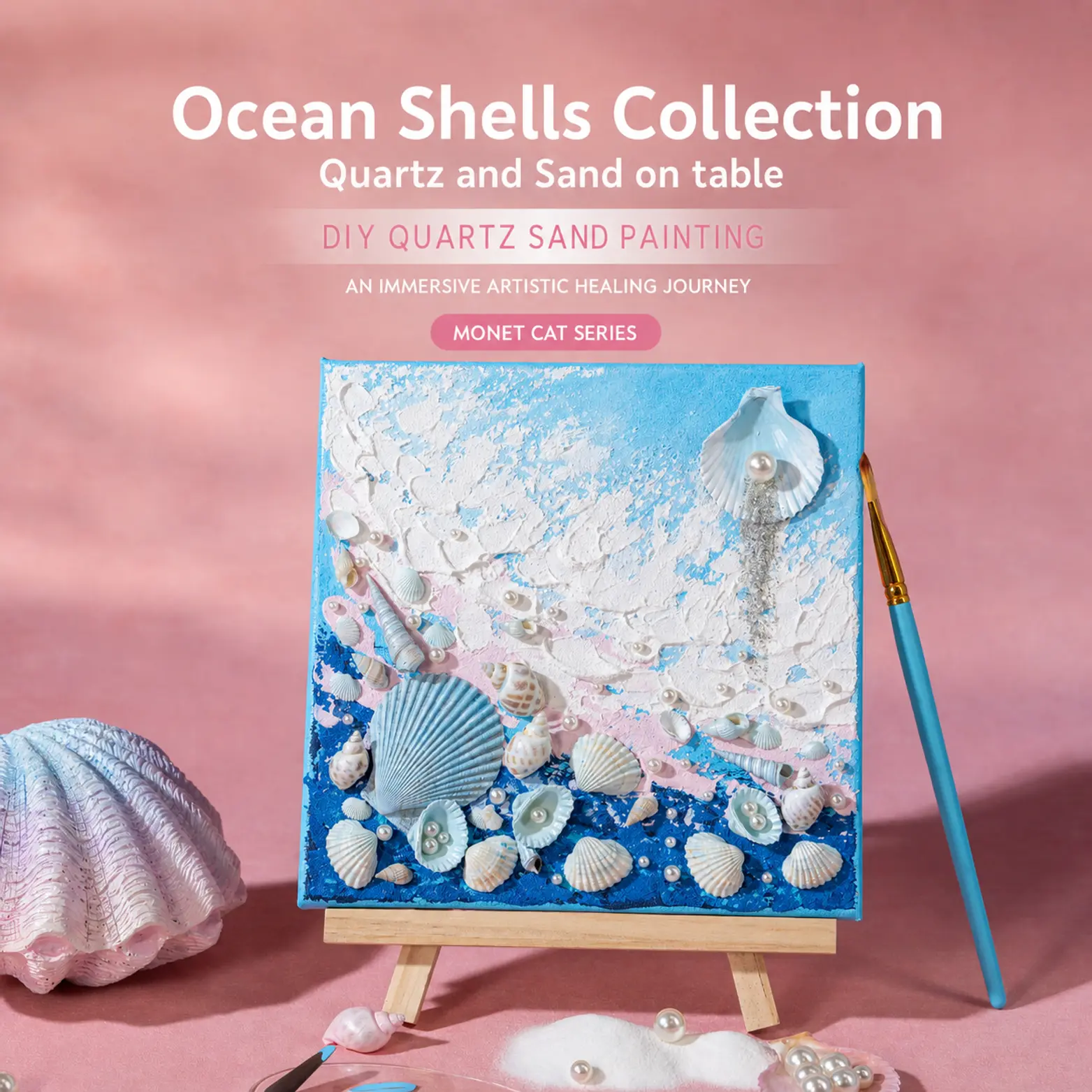 Quartz and Sand on table -Ocean Shells - Blue