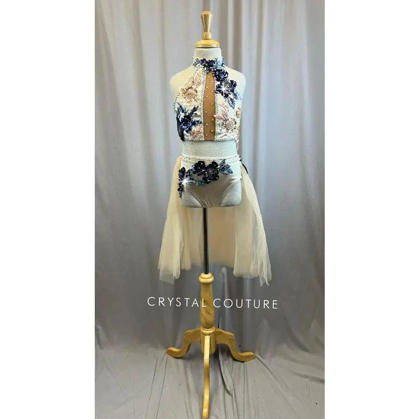 Custom Champagne and Navy Satin and Tulle Skirt Set -Rhinestones, Appliques, Hairpiece