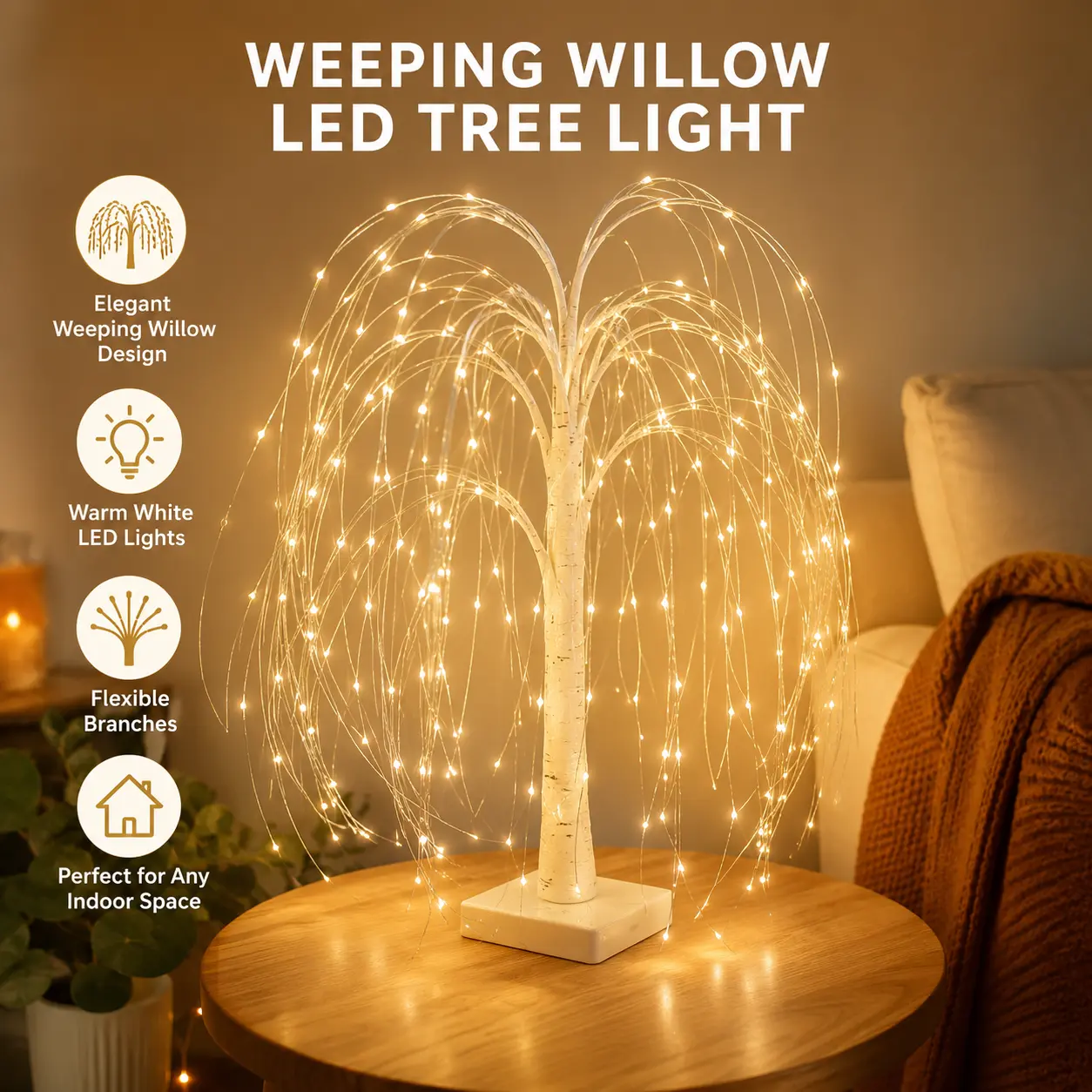 1 Count LED Willow Tree Light, Warm White USB Powered Decorative Lamp for Bedroom Desktop Indoor Home Party Decoration