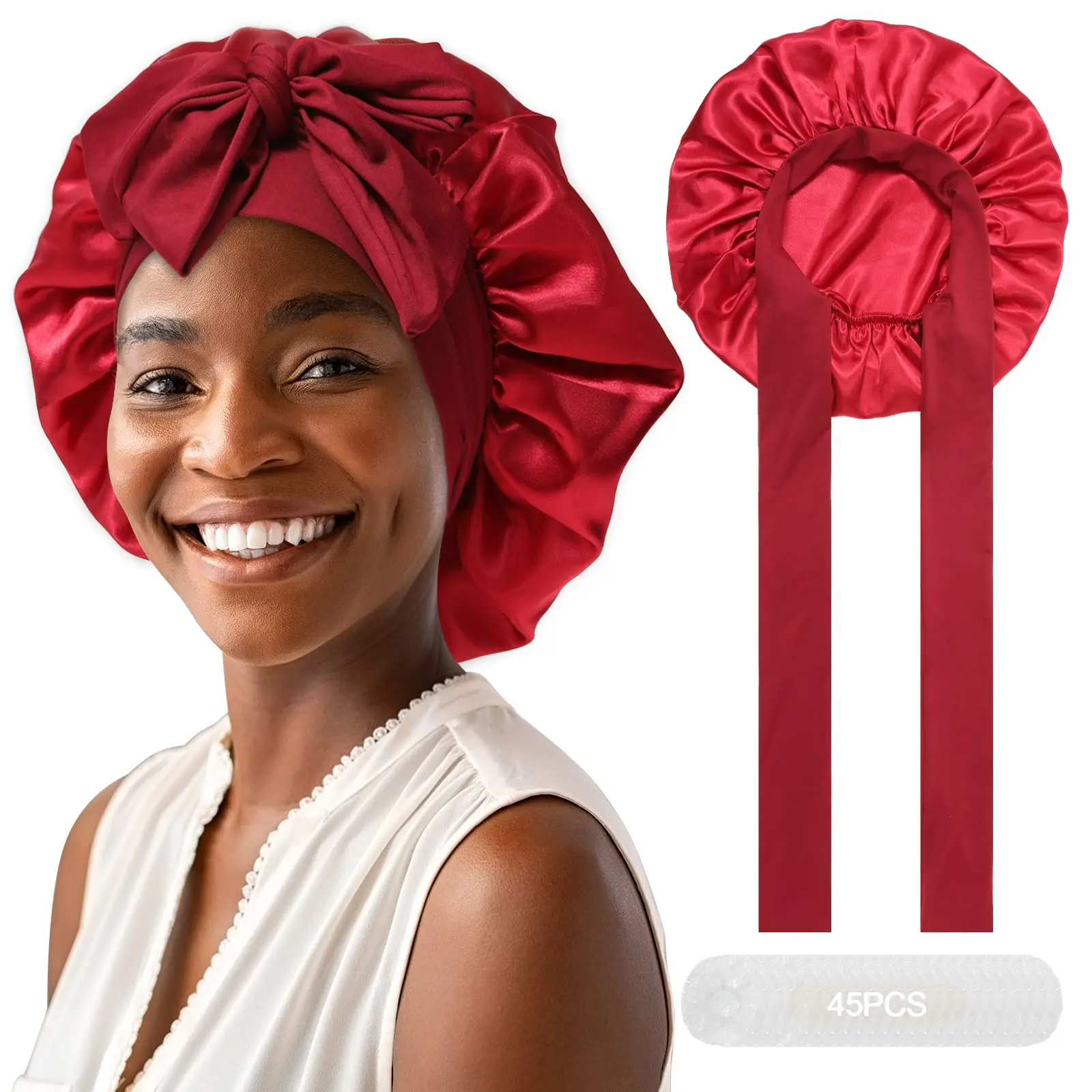 Women's Silky Double-Layer Solid Adjustable Satin Bonnet Hats & 45-Piece Shower Cap Set with Elastic Band, Waterproof Disposable Covers, Bonnet Set Hats, Female, Washing Face, One Size Fits All
