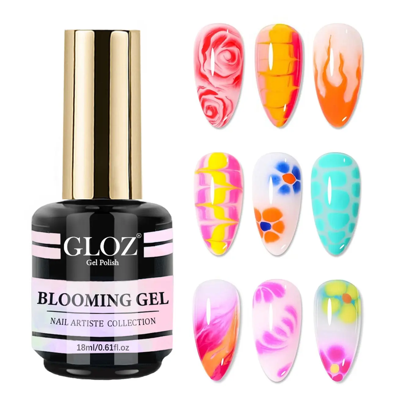 GLOZ 18ml Clear Blooming Gel Polishes, UV/LED Soak Off Formula Blossom Gel with Watercolor Floral Spreading Effect for DIY Crazy Nail Art Flower Manicure Design