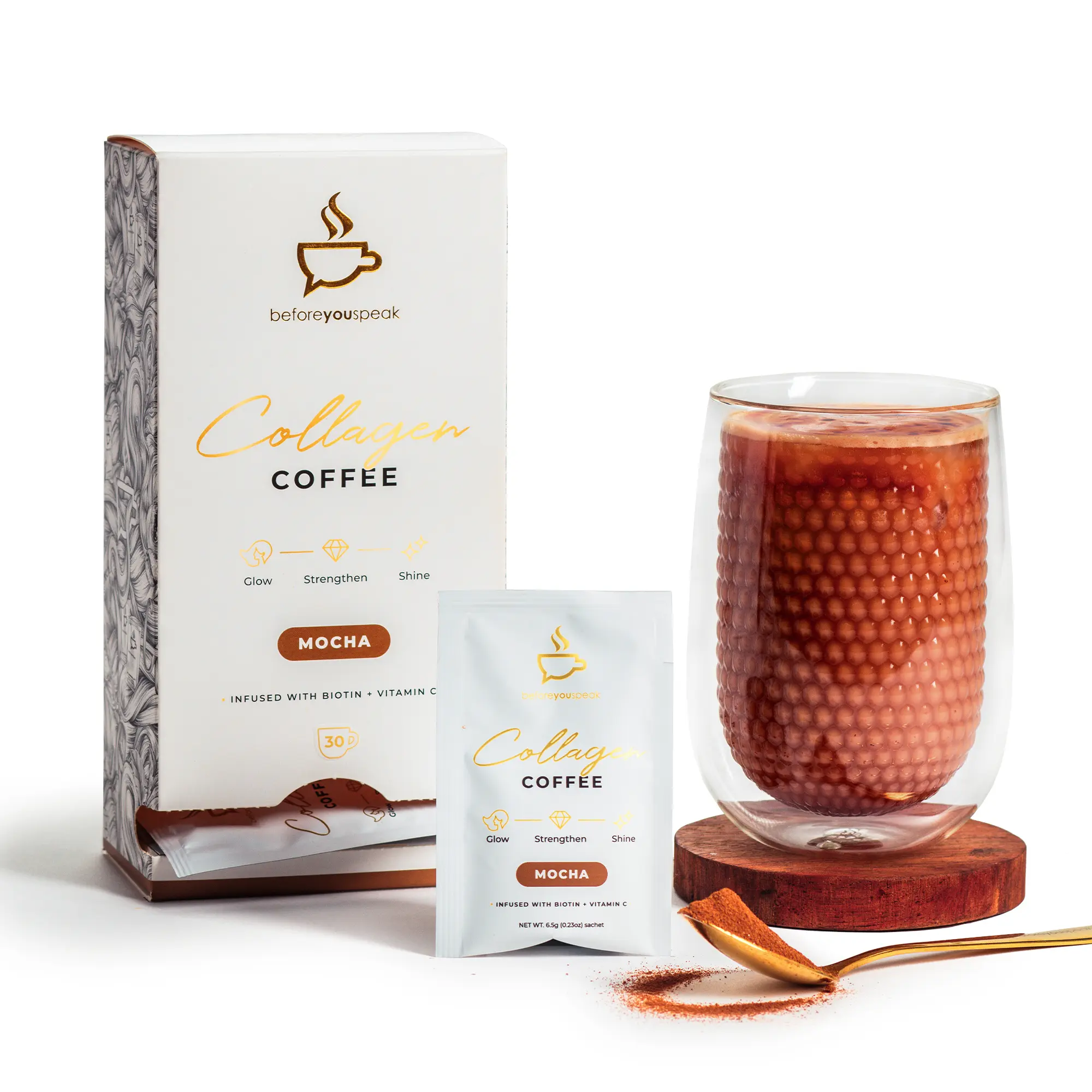 Beforeyouspeak Collagen Coffee - Mocha, Instant Colombian Coffee with Marine Collagen, Single Serve Sachets, Hair, Skin & Nails Support, Gluten Free, Keto Friendly, No Added Sugar