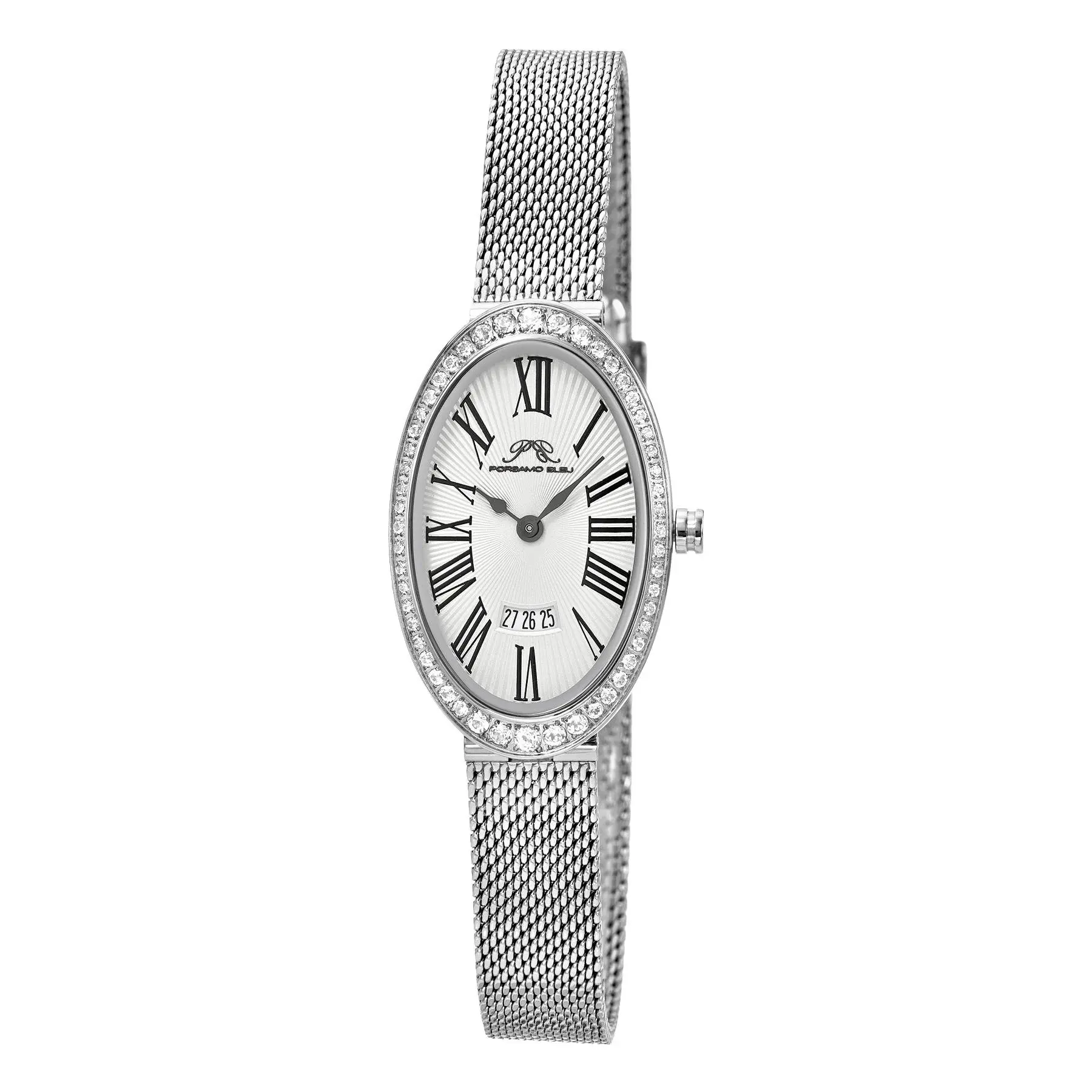 Women's PORSAMO BLEU Eloise Analog Quartz Watch - 34mm Oval, Rose Tone, Silver Tone Metal Steel Strap with Clasp, Guilloch Dial, Topaz Detail, Sapphire Crystal Glass, 50M Water Resistant, Polished Finish, 7-Year Warranty, Included Batteries