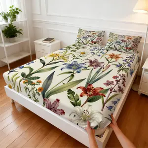 3Pcs Vintage Botanical Illustration Fitted Sheet Set, Fresh Watercolor Floral Design, Non-slip Fit Skin-friendly Breathable, Ideal for Summer Forest-Style Bedroom Home Renovation, Decorative Bedsheet Sets