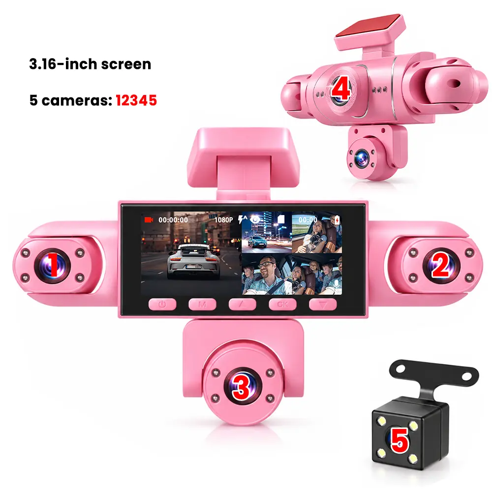 5-Channel Car Reverse Dash Cam with 3.16in Screen, 1080P HD Front-Rear-Left-Right-Inside Coverage, Built-in Triple 480P Cams, Loop Recording, Split Screen, Easy Plug-and-Play Installation, Non-Rechargeable, No Memory Card