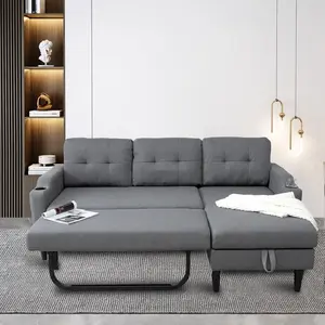 Modern 2-in-1 L-Shaped Pull Out Sleeper Sectional Sofa with 3-seat Seating, Breathable Fabric, 2 Cup Holders, Side Storage Pocket, Storage Chaise, Easy Assembly for Living Room, Office
