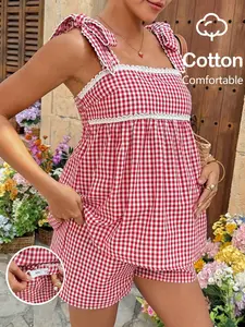ELYSIA Maternity Plaid Print Lace Patchwork Tie-Front Camisole And Shorts Casual 2-Piece Set Plaid Two Piece Set