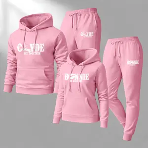 Couple's BONNIE & CLYDE Print Hooded Sweatshirt and Drawstring Sweatpants Set, Casual Sportswear, Long-Sleeve Hooded Jacket and Pants, Suitable for Autumn and Winter, Everyday Wear, Tracksuit, Casual Athletic Wear
