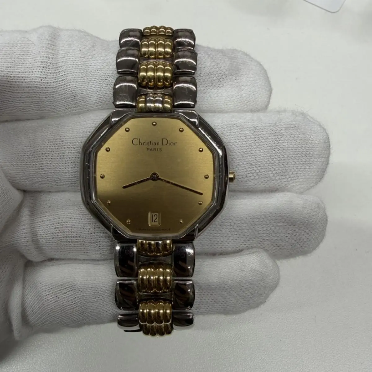 Pre-owned Dior As Shown Shoulder Bags Christian Octagonal Two Tone Quartz Date Watch 15cm 14044