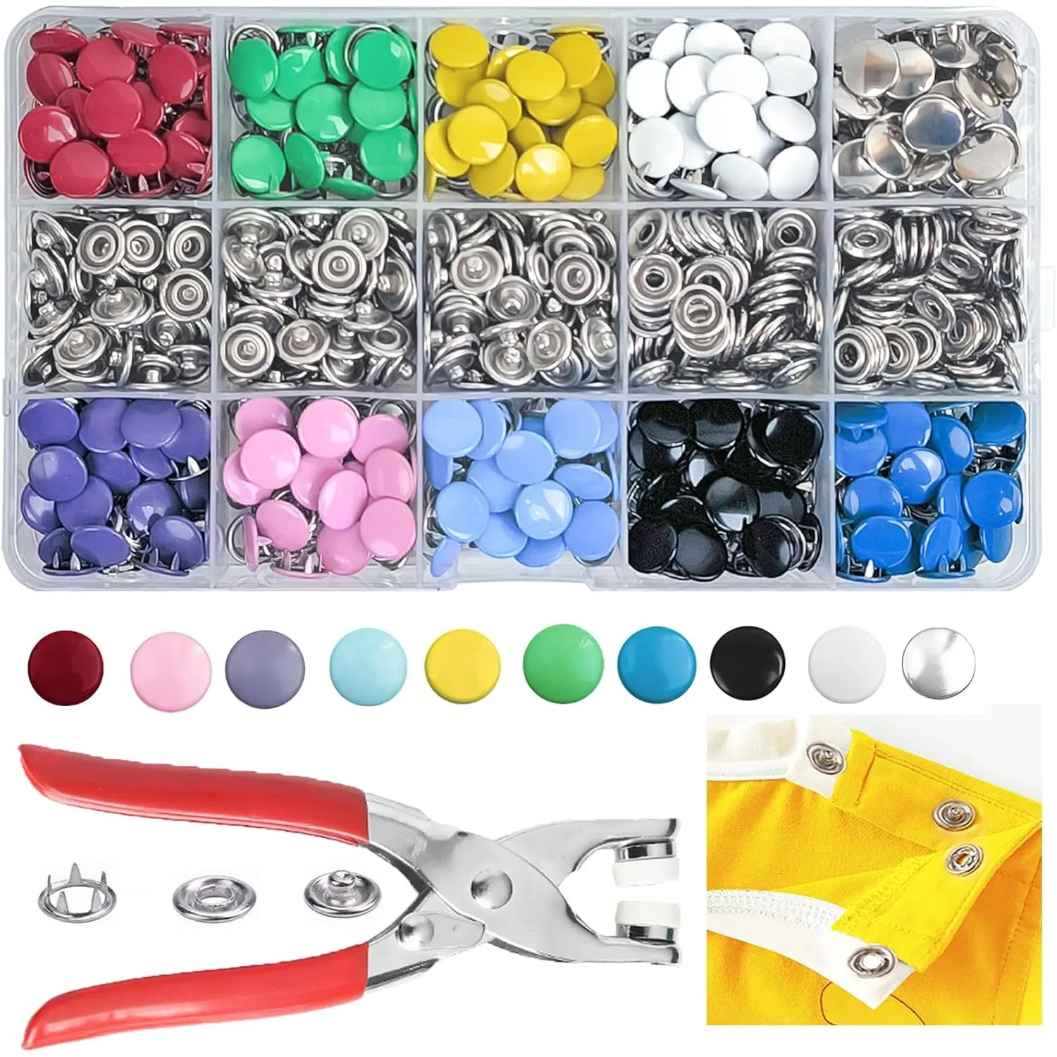 200/100 Set Metal Snaps Buttons with Fastener Pliers Press Tool,Perfect for DIY Crafts,Clothes,Hats and Sewing,10 Color 9.5mm Snap Button Fasteners Kit for Clothing Sewing,Christmas Party Gifts,Hand Tools Kits,Summervibes