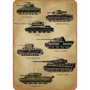 World War II Military Tank Retro Metal Wall Plaque, 8x12 In Durable Tin Decor, Home Bar Garage Man Cave Wall Art for Home Decor