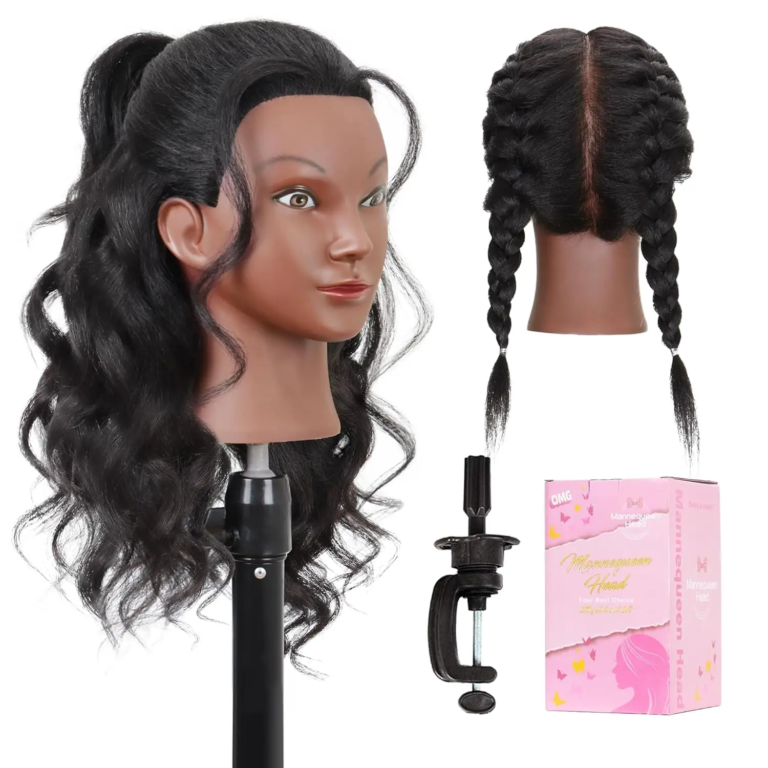 Mannequin Head with Human Hair 16" Cosmetology Manikin Doll Head 100% Real Human Hair for Styling Hairdresser Practice Braiding with Free Clamp Holder mannequin head