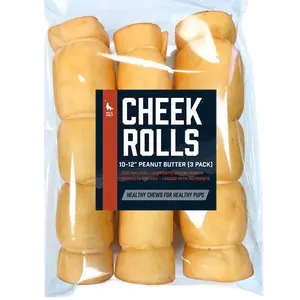 9-12” Peanut Butter Collagen Cheek Rolls (3 Pack) 100% Natural and Extra-Thick - Single-ingredient - Long-lasting for Big Dogs and Aggressive  Chewers