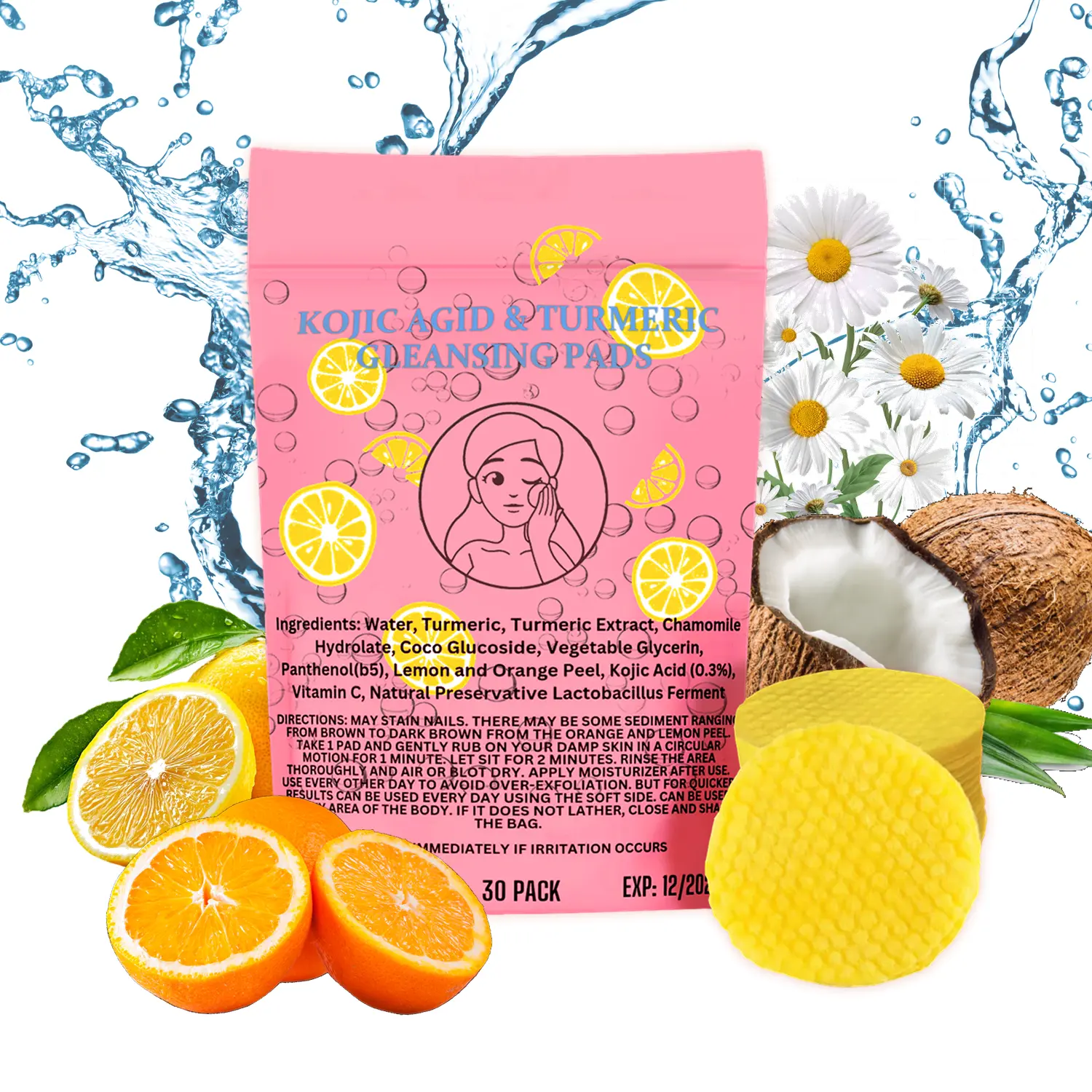 30 Count Facial Cleansing Pads with Turmeric & Kojic Acid - Hydrating Makeup Remover to Moisturize & Brighten, Gentle Exfoliating Wipes for Morning Routine and All Skin Types, Hyaluronic, Glow Routine, Moisturizer, Cosmetic, Cleanser, Hyaluronic Acid, Rad