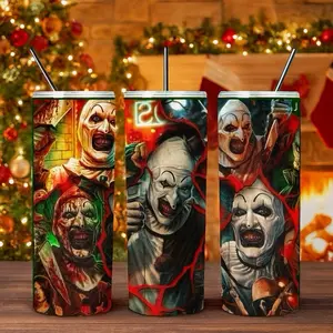 Terrifier Tumbler Art the Clown - Horror Design with Three Unique Clown Images and Straws Included Bottle Drinkware Water Bottles Mug Cup Washable Bottled Portable Reusable Insulated Straw Lid Kids