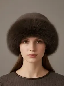 Women's Winter Fox Fur Knitted Hat, Thick Warm Knit Ear Protection Cap, Hand Washable, Perfect Holiday Gift, Elegant Faux Leather Design