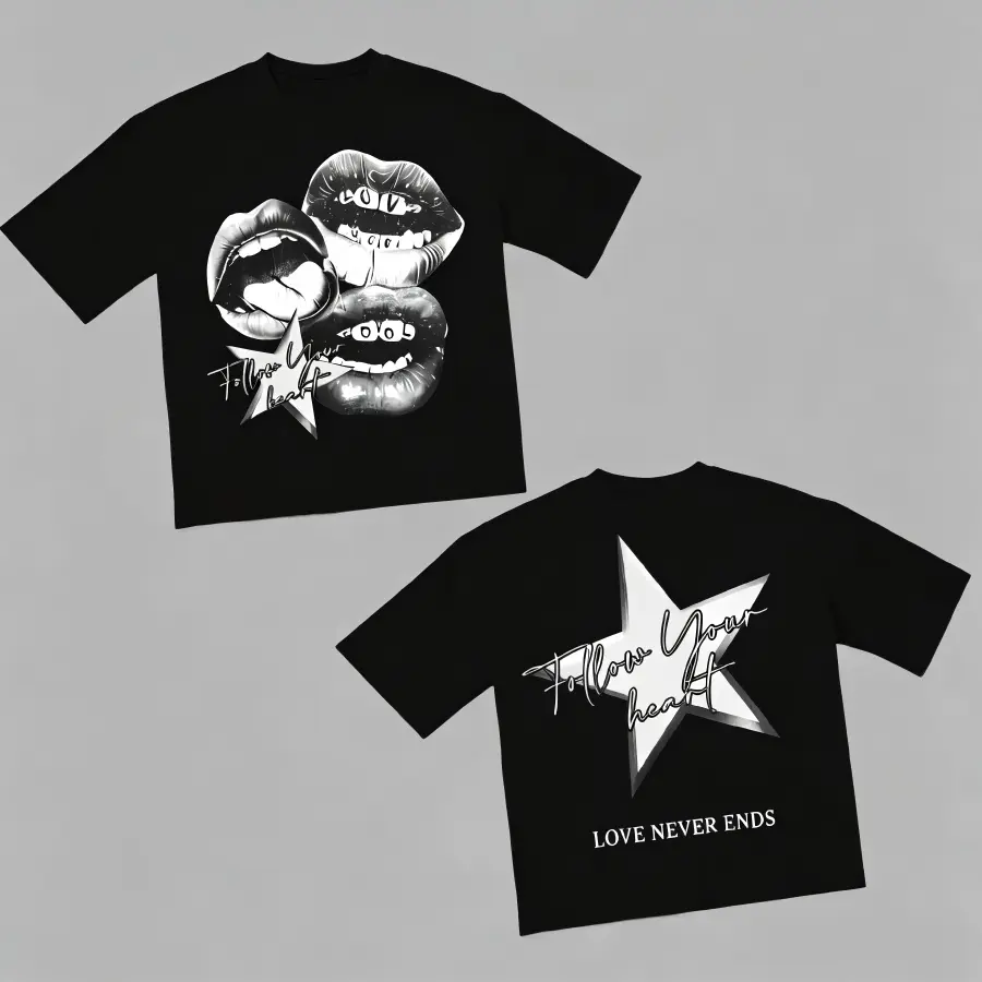 Unisex Sporty Chic Tee - Double-Sided Grunge Lips Star Graphic, Drop Shoulder Crewneck, Vintage Streetwear Casual Summer Sports Top For Men, Women's