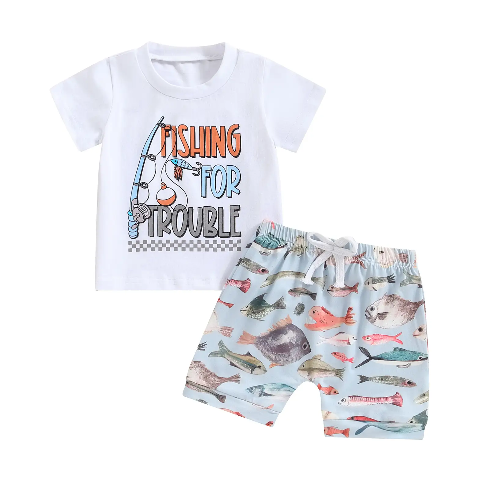 Toddler Baby Boy Summer Clothes Short Sleeve Letter T-shirt Top Fish Print Shorts Set Fishing Outfit