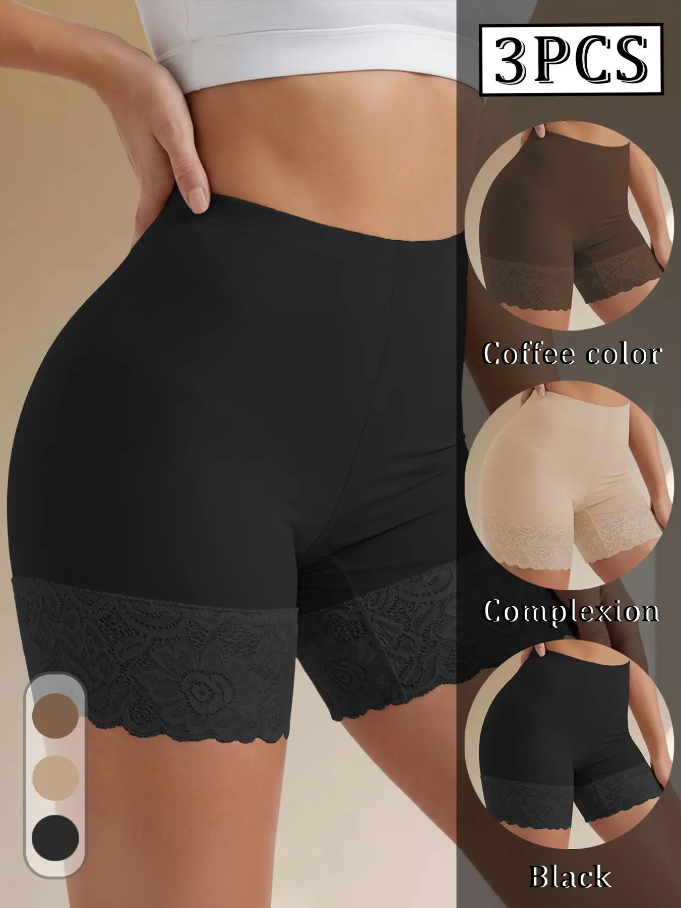 3 Pack 3 Colors Lace Trim Anti-Chafing Safety Shorts, Elegant High Elastic Tummy Control Butt Lifting Under Dress Shorts, No Rolling Edge, Must-Have For Daily Commute & Outfits Underwear