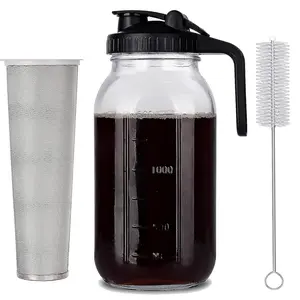 Glass Cold Brew Ice Coffee Maker (64 oz) (2 Quart / 1.9 Liter) with Stainless Steel filter and cleaning brush, leak proof and heavy duty glass. Tea Pitcher Pour Stylish
