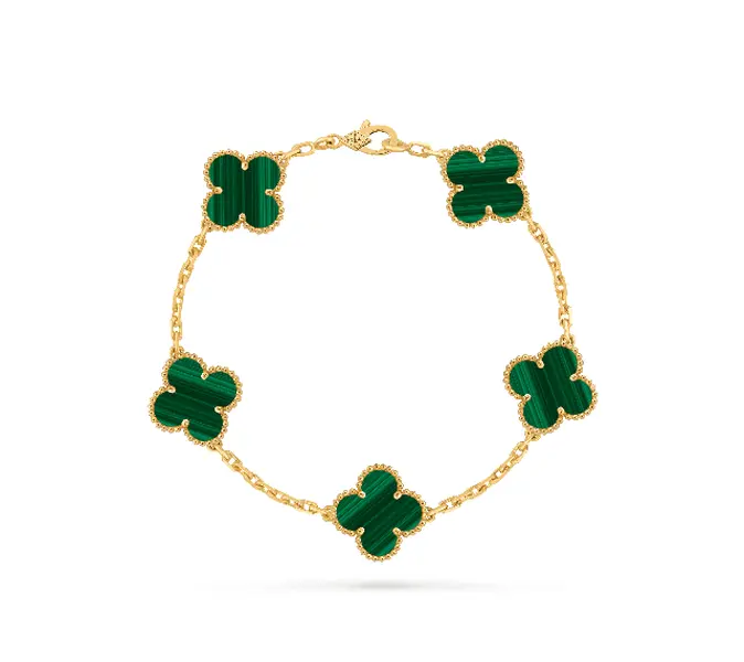 Pre-owned Van Cleef & Arpels Vintage Alhambra Bracelet 5 Motifs, 18K Yellow Gold, Malachite，full set