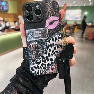 Leopard Print Lip Pattern Phone Case with Lanyard, Anti-Drop Shockproof Thickened Protection Cover for iPhone 17/17promax/air, Compatible with Multiple Models