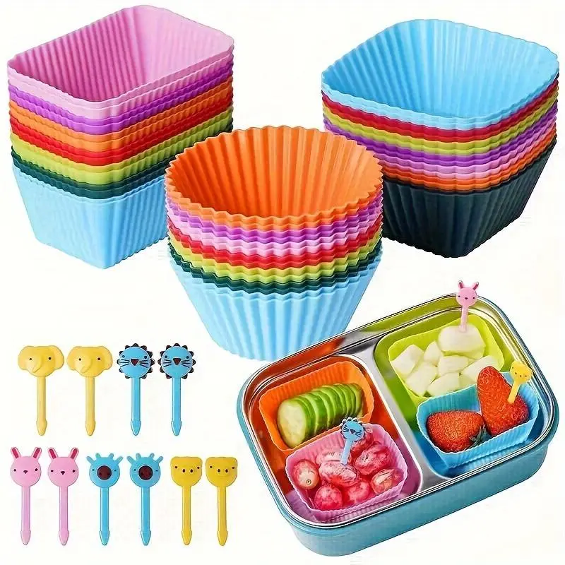 Silicone Muffin Cups & Fruit Forks, Food Grade, 40 Pcs/Set Lunch Box Dividers (Box Not Included), Durable Reusable Baking Tools, Meal Prep Molds, for Home, Party, Camping & Picnic, Random Color