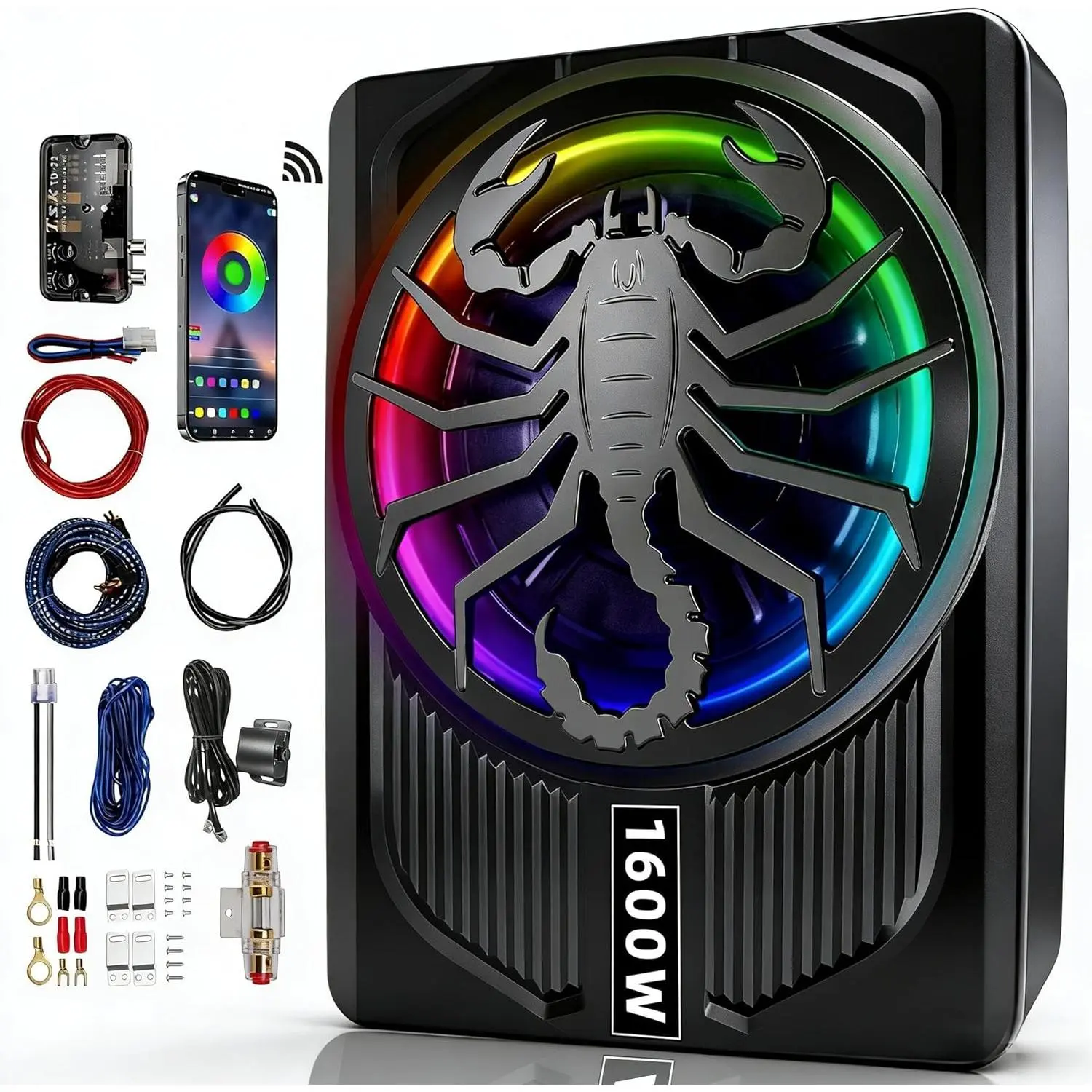 2026 Upgrade 1600W Under Seat Subwoofer 10" Slim Car Sub with Built-in Amp RGB LED Lights APP Control Independent Bass Knob LPF Gain Bass Boost High Output Deep Bass Distortion Free Audio