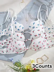 Women's Floral Print Bra Set, Lingerie, Steel Ring Push-Up, Adjustable Straps, Daily Wear, 3-Piece Pack, Comfortable Underwear