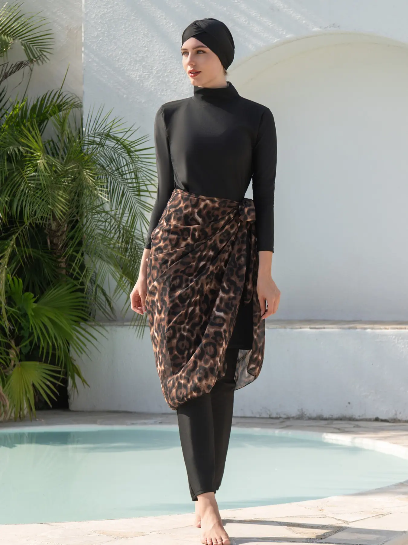Women's Leopard Print Long Sleeve Swimwear Set, Conservative Middle Eastern Style Bikini Suit, Summer Beach Vacation Wear, Modest Swimsuits, Modest Bathing Suit, Modest Swimming Wear