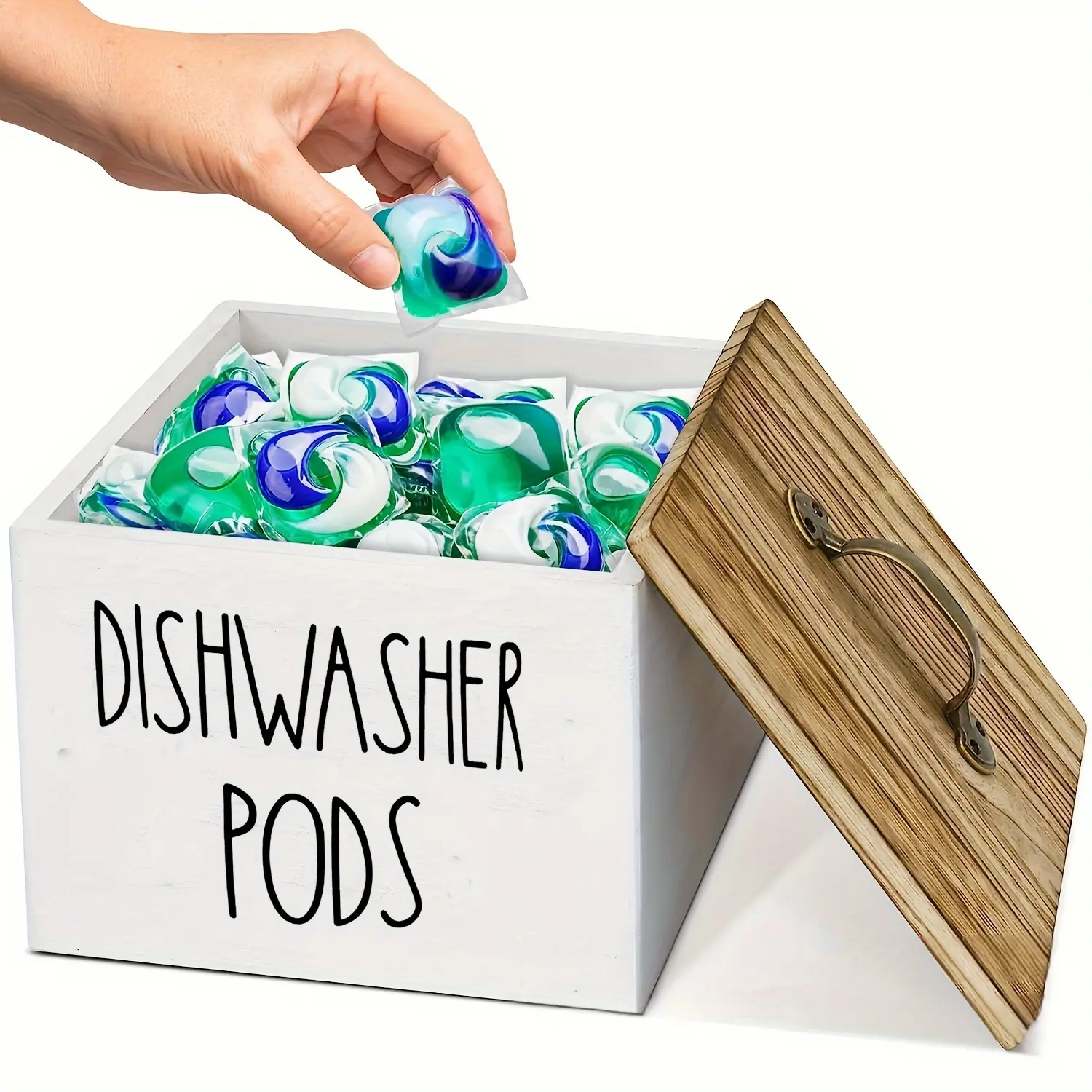 Laundry Pods Storage Container, Home Storage Supplies, Wooden Storage Box - Rustic Square Dishwasher Rack - Washing Powder Box with Lid - Kitchen Storage Container - Bathroom & Home Organizer - White