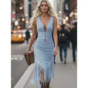 Women's Western Style Suede Fringe Dress - V-Neck Zip Sleeveless Slim Mini Skirt With Bohemian Fringe Hem, Perfect For Party Wear, Hand Washable Faux Suede Fringe Skirt, Suitable For Theme Parties And Daily Wear