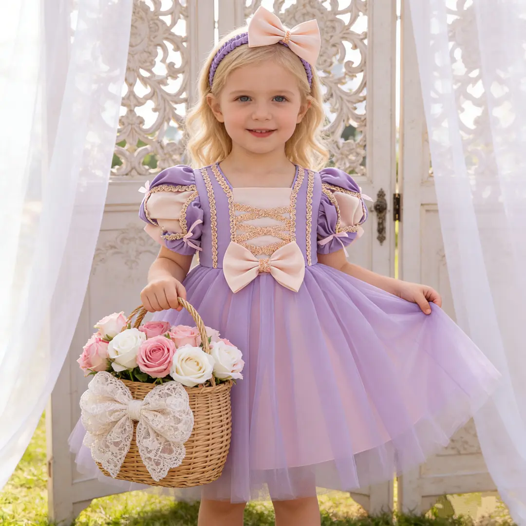 010 Kids Girl Color Block Mesh Splice Puff Sleeve Cloak Princess Dress Mesh Princess Dress For Girls Suitable For Role Play And Parties