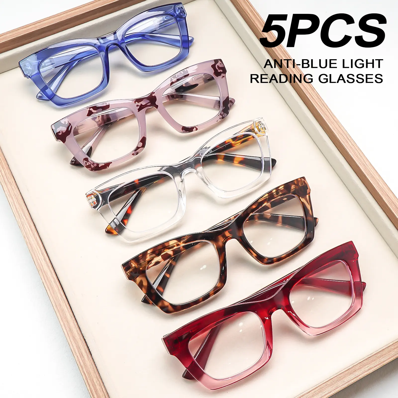5 Pack Oprah Style Reading Glasses for Women Blue Light Blocking Anti Glare Square Fashion Readers Spring Hinge Computer Eyeglasses